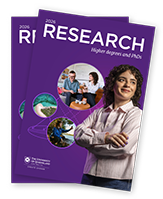 Graphic of brochure front for 2026 Research Higher degrees and PhDs