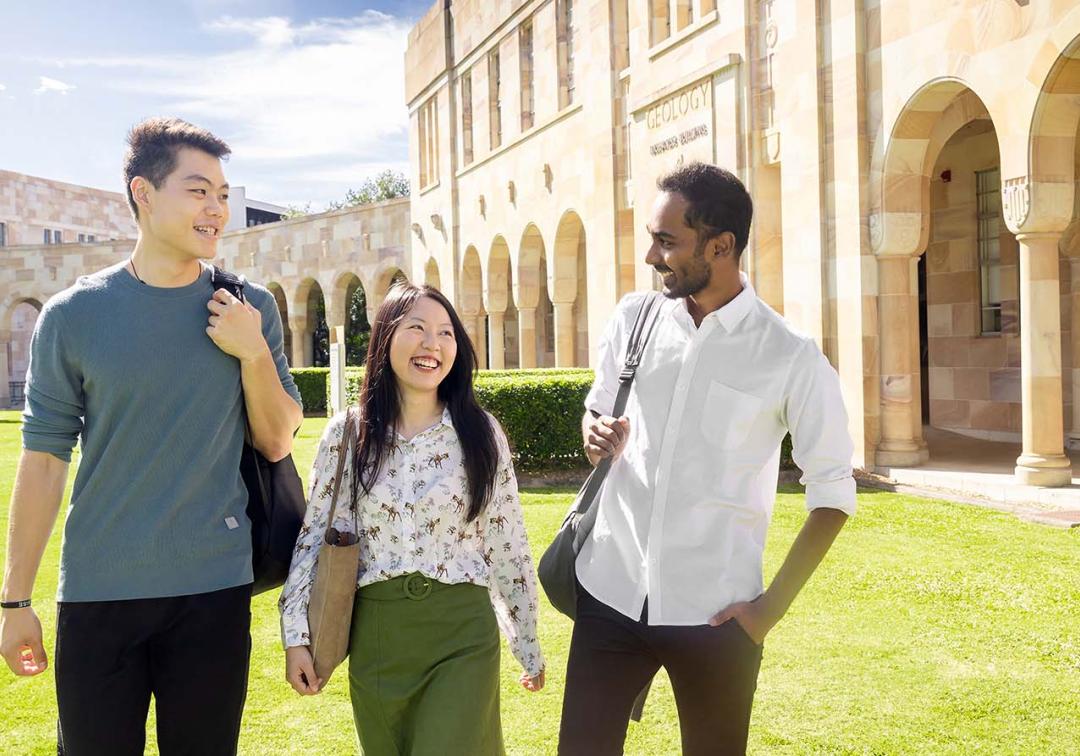3 students talking in the Great Court