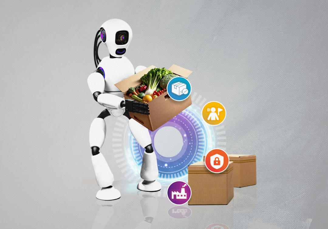 Illustration of robot carrying a box of groceries