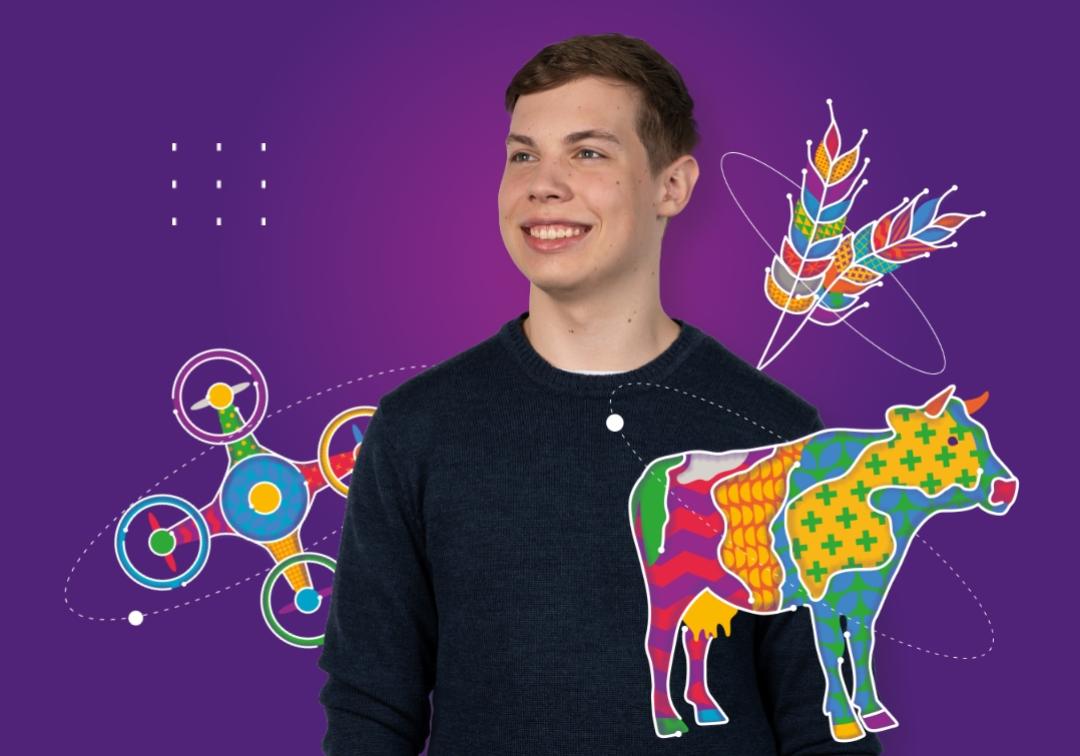 Student smiles against purple background with colourful cow, drone and wheat graphics.