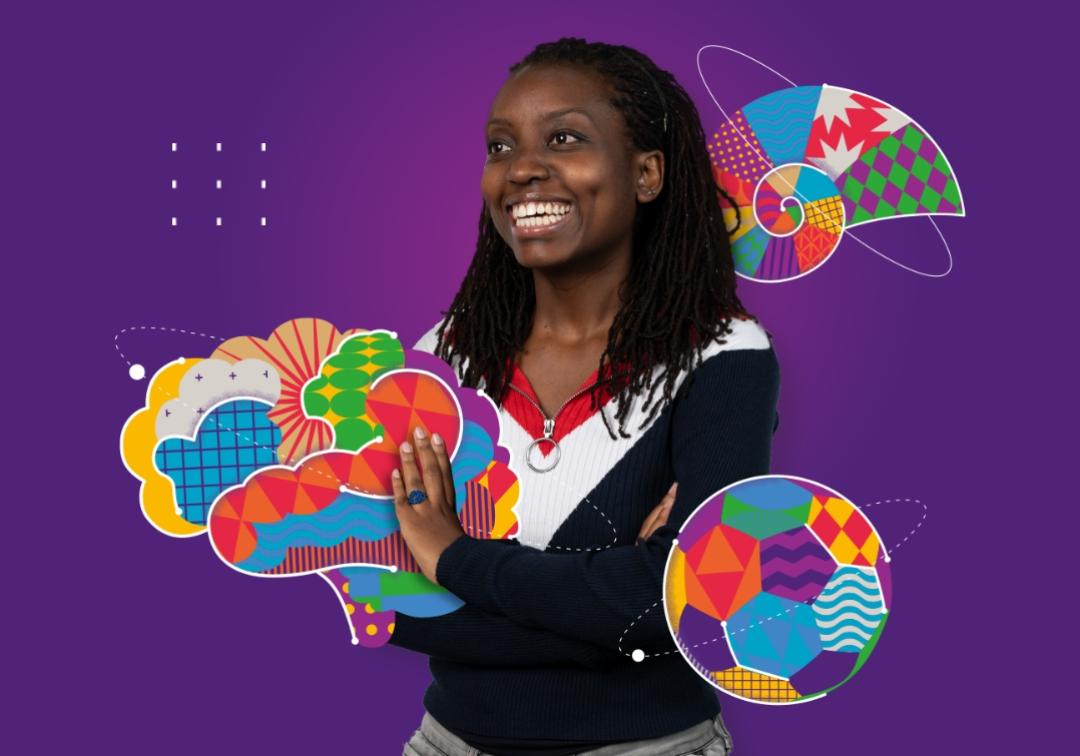 Student smiles against purple background with colourful graphics of brains, a soccer ball and shell.