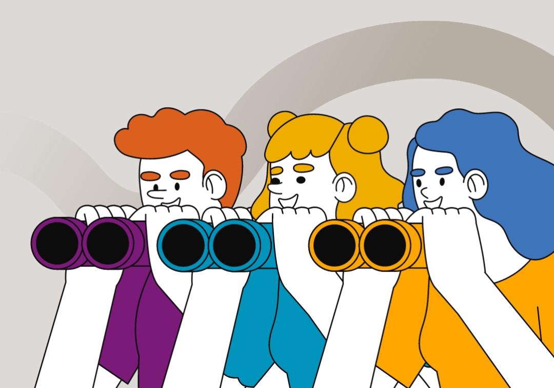 graphic of 3 students with binoculars