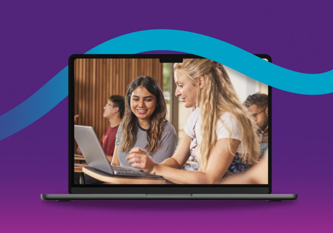 Graphic of a laptop showing students accessing a laptop