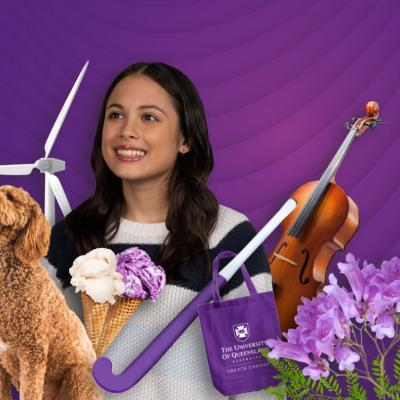 Smiling girl amongst collage of dog, violin and wind turbine