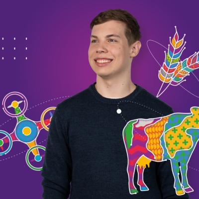 Student smiles against purple background with colourful cow, drone and wheat graphics.