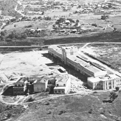 Aerial footage of UQ showing construction of tunnels during WWII.