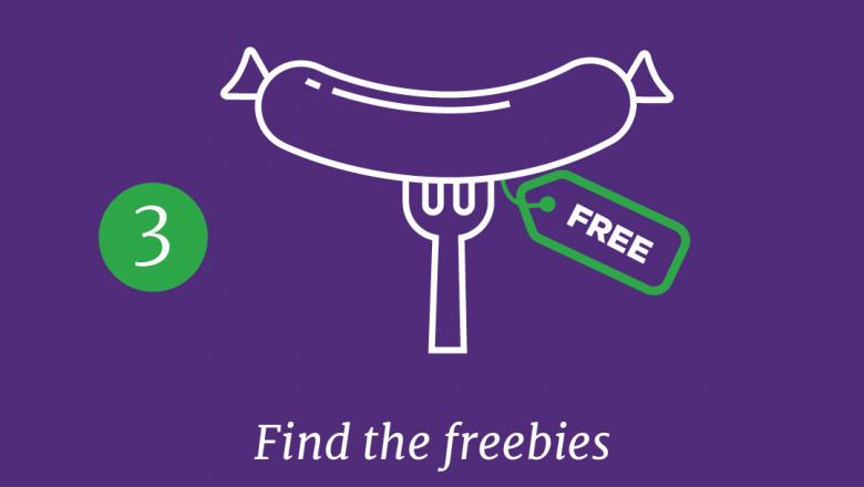 A graphic of a sausage on a fork with a 'free' tag dangling from it, on a purple background, with the text '3. Find the freebies.'
