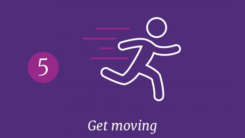 A graphic of a person running on a purple background with the text '5. Get moving.'