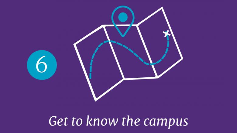 A graphic of a map marked with a trail on a purple background with the text '6. Get to know the campus.'