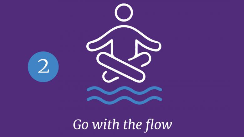 A graphic of a person meditating on a purple background with the text '2. Go with the flow.'