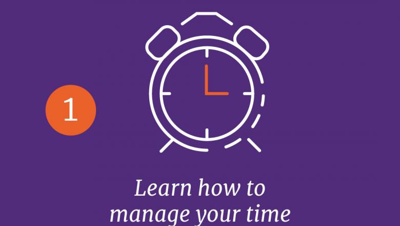 A graphic of a clock on a purple background with the text '1. Learn how to manage your time.'