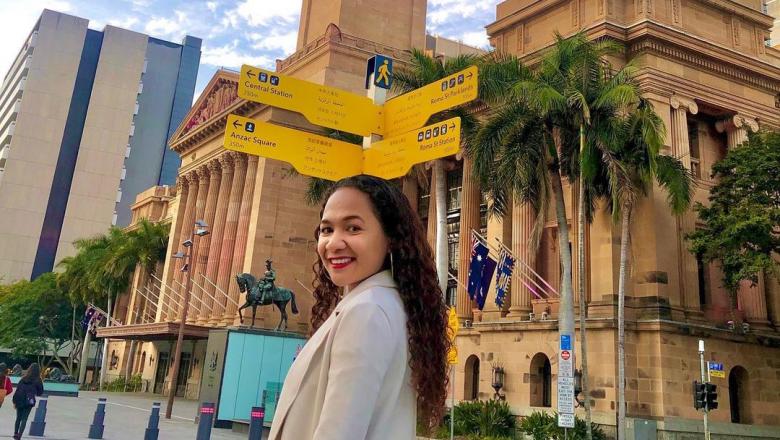 UQ student Cezia Pesurnay outside Brisbane City Hall