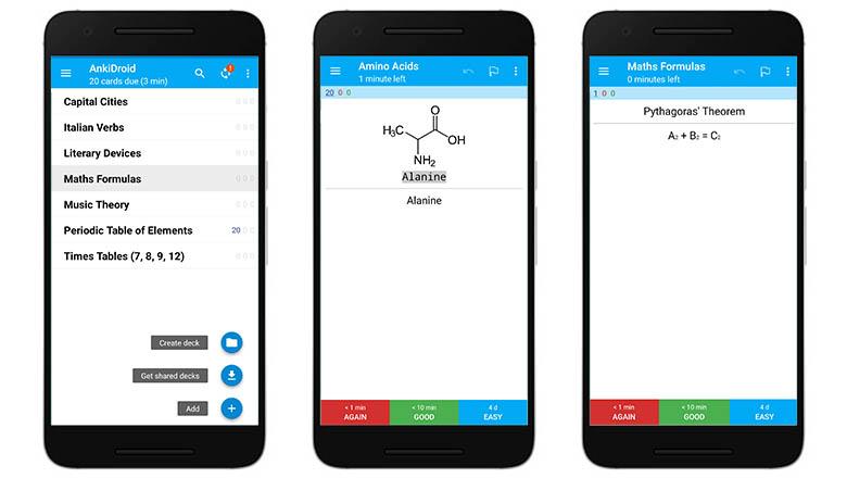 Three smartphones display screen captures of the Anki flashcards app: a menu list of topics, a chemical formula and a maths equation