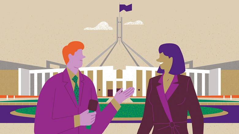 A cartoon image of a reporter interviewing a woman outside Parliament House.