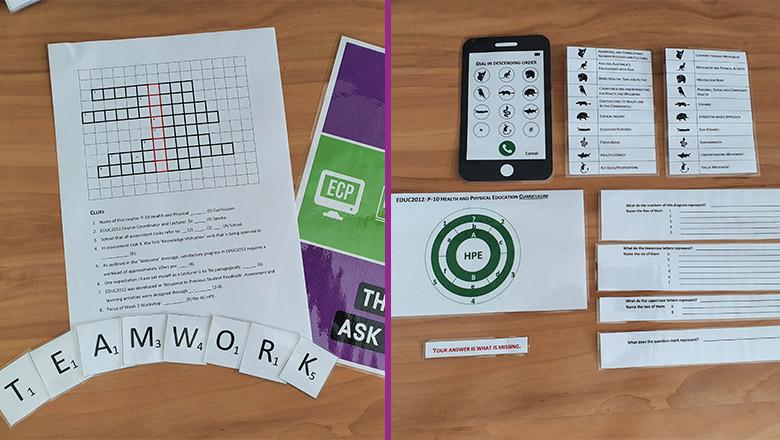 Two photos side by side of Leigh's 'Escape Box Activity', with questions cards, a scoring chart and crossword puzzle 