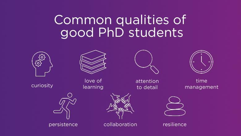 Good PhD student qualities include: curiosity, love of learning, attention to detail, time management, persistence, collaboration and resilience