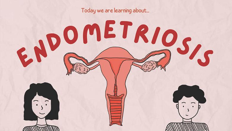 The first slide of an educational presentation on endometriosis with drawings of two teenagers and a uterus, alongside the text 'today we are learning about endometriosis'