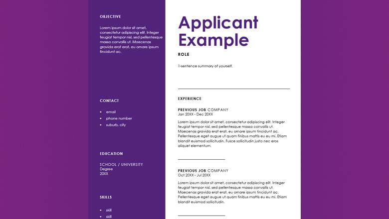 A resume template example of a word document outlining a job applicant's name and segmented information 