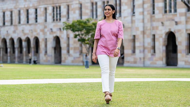 Ruchita Rajkumar Bhansali, UQ Master of Public Health student walks through The Great Court at St Lucia campus