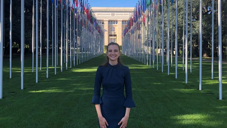 Isabella standing in front of the UN building