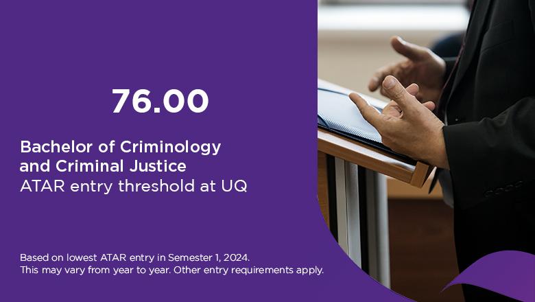 The Bachelor of Criminology and Criminal Justice ATAR entry threshold at UQ is 76, based on the lowest ATAR entry in Semester 1, 2024. This may vary from year to year. Other entry requirements apply. 