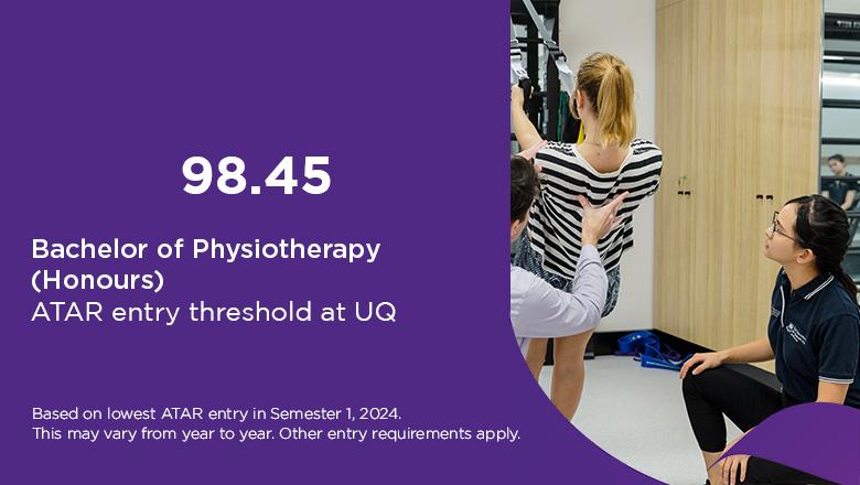 Bachelor of Physiotherapy ATAR at UQ is 98.45, based on lowest ATAR entry in Semester 1, 2024. This may vary from year to year. Other entry requirements apply. 