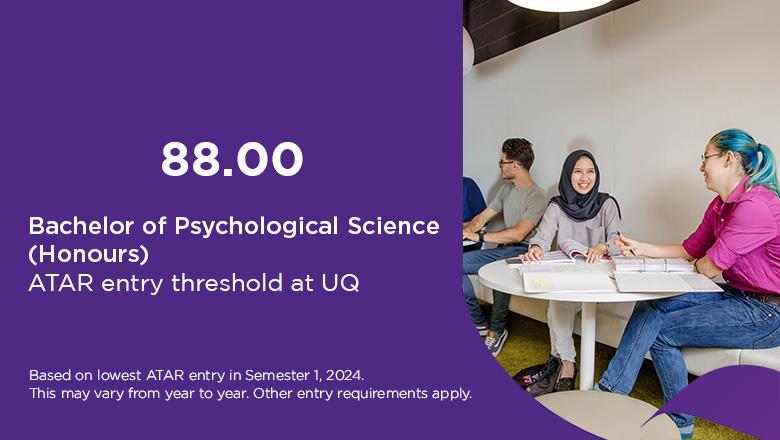 Bachelor of Psychological Science ATAR at UQ is 88, based on lowest ATAR entry in Semester 1, 2024. This may vary from year to year. Other entry requirements apply. 