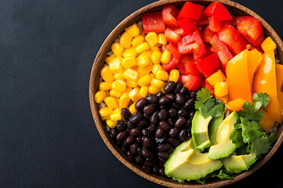 Balanced lunch example: vegetarian burrito bowl