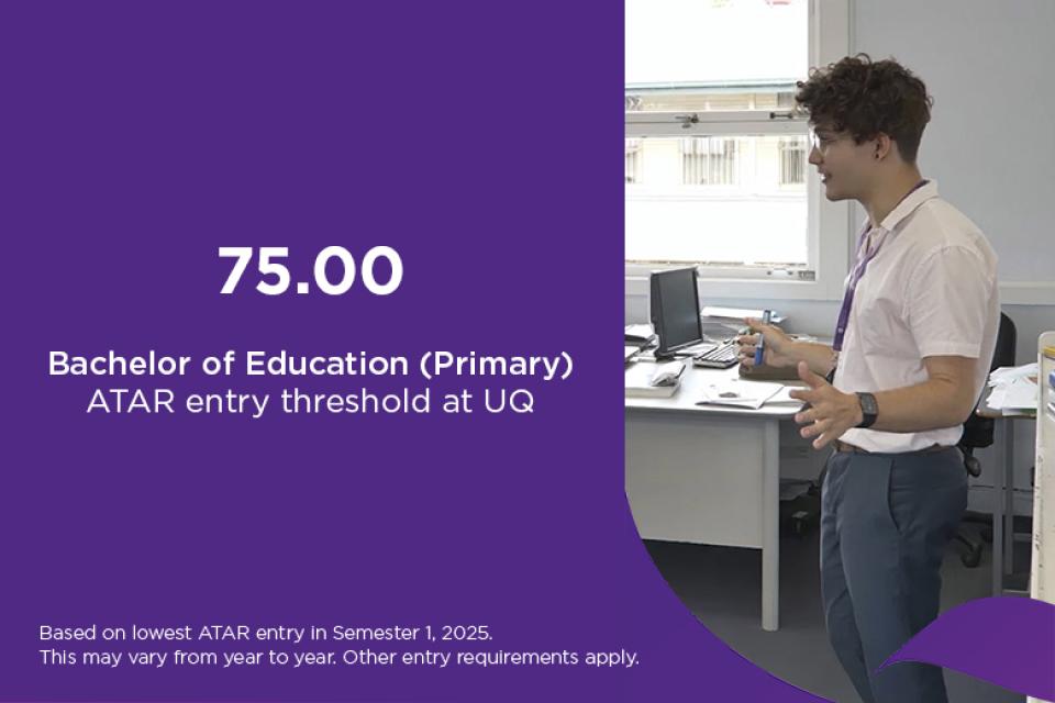 Bachelor of Education ATAR at UQ is 75, based on lowest ATAR entry in Semester 1, 2025. This may vary from year to year. Other entry requirements apply. 