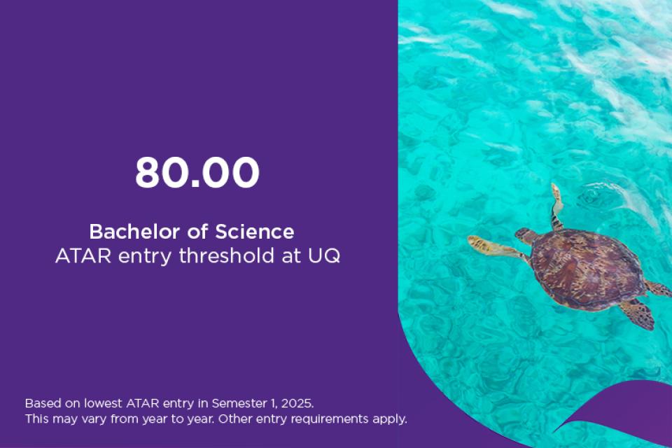 Bachelor of Science ATAR at UQ is 80, based on lowest ATAR entry in Semester 1, 2025. This may vary from year to year. Other entry requirements apply.