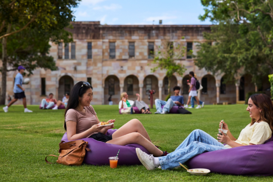 Students on beanbags in the Great Court