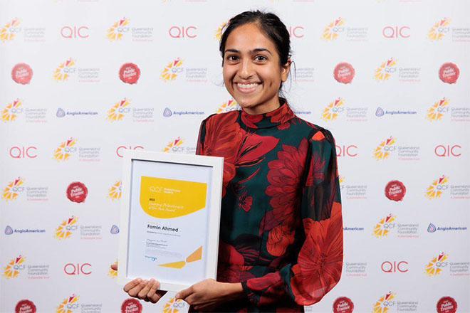 Famin Ahmed with her  Queensland Community Foundation 2023 Emerging Philanthropist of the Year Award