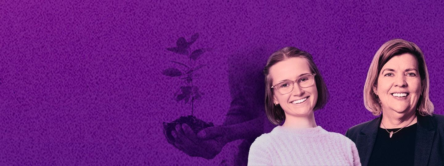 Composite image of a student and academic superimposed over an image of hands holding a seedling