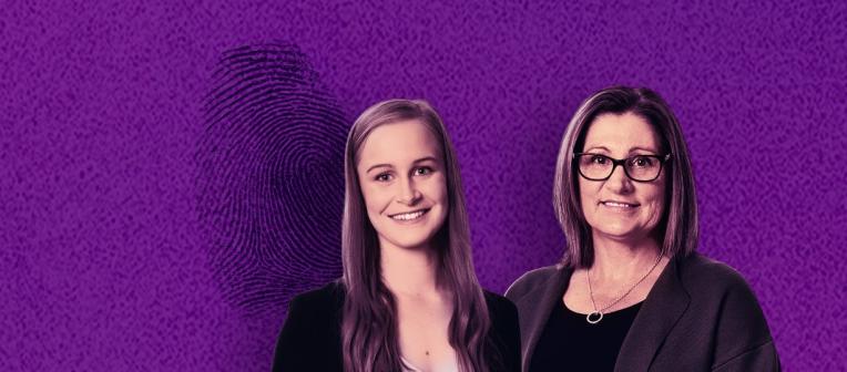 Composite image of a student and academic with a fingerprint graphic