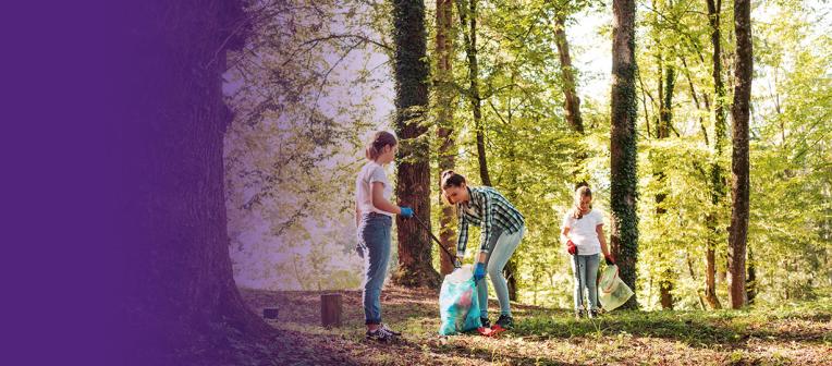 Teenagers pick up rubbish in a forest