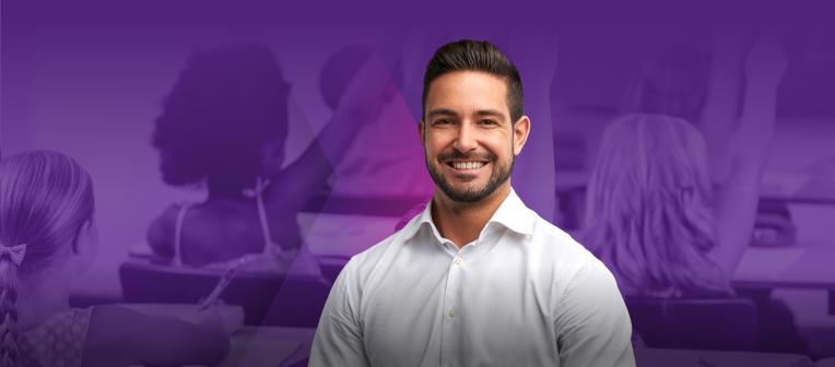 A man wearing a button down shirt overlaid on a purple background graphic of children sitting at desks in a classroom.