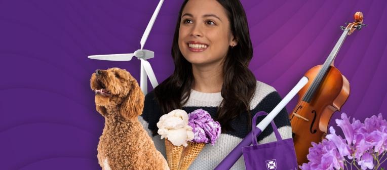 Collage of girl smiling, labradoodle, hockey stick, violin and wind turbine