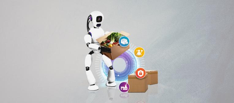 Illustration of robot carrying a box of groceries