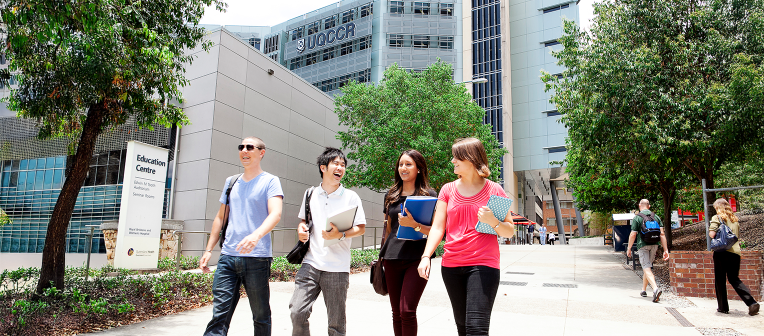 Medical students walking outside at UQ Herston