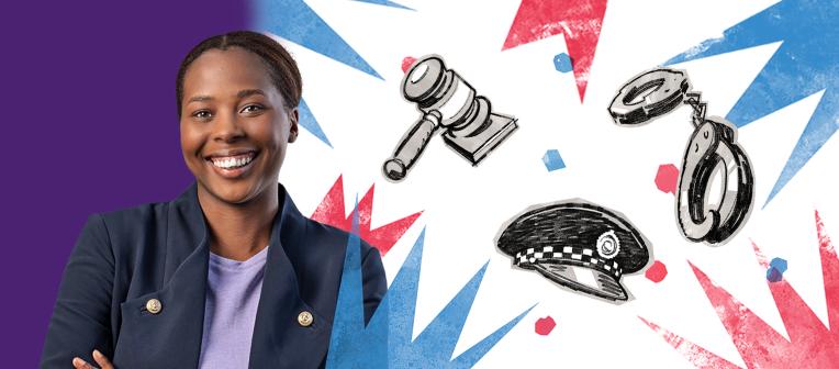 Criminology student Atanasia smiles against an illustrated background depicting red and blue lights, a police hat, a gavel and handcuffs.  