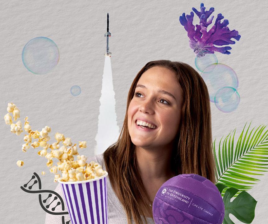 Woman with collaged items of popcorn, netball, plants and rocket ship around her. 