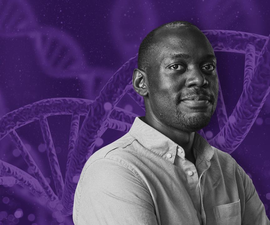 Research student overlaid on a purple background graphic of a DNA string.