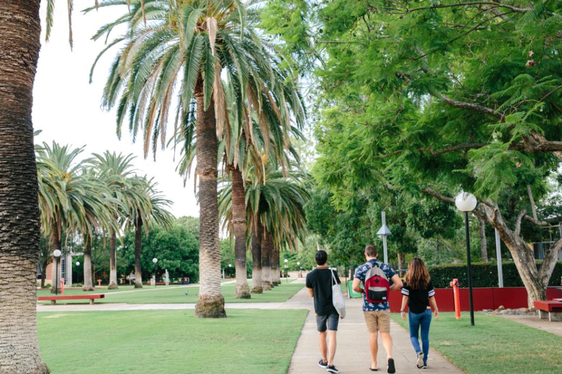 Three students walking across campus grounds