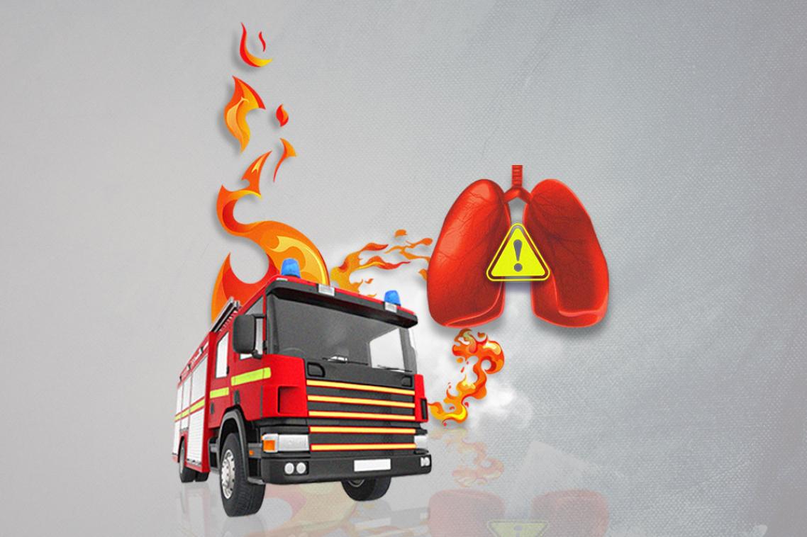 Illustration with fire truck and warning over a pair of lungs