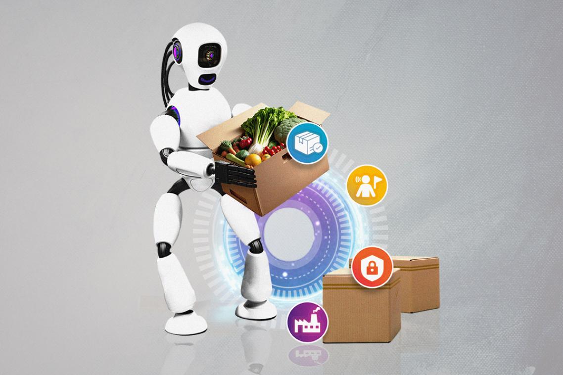 Illustration of robot carrying a box of groceries