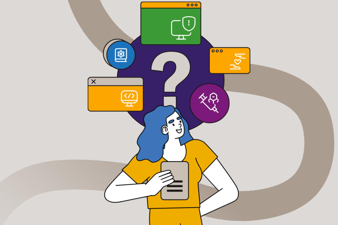 A graphic representation of a person looks up at a question mark surrounded by icons showing different career paths