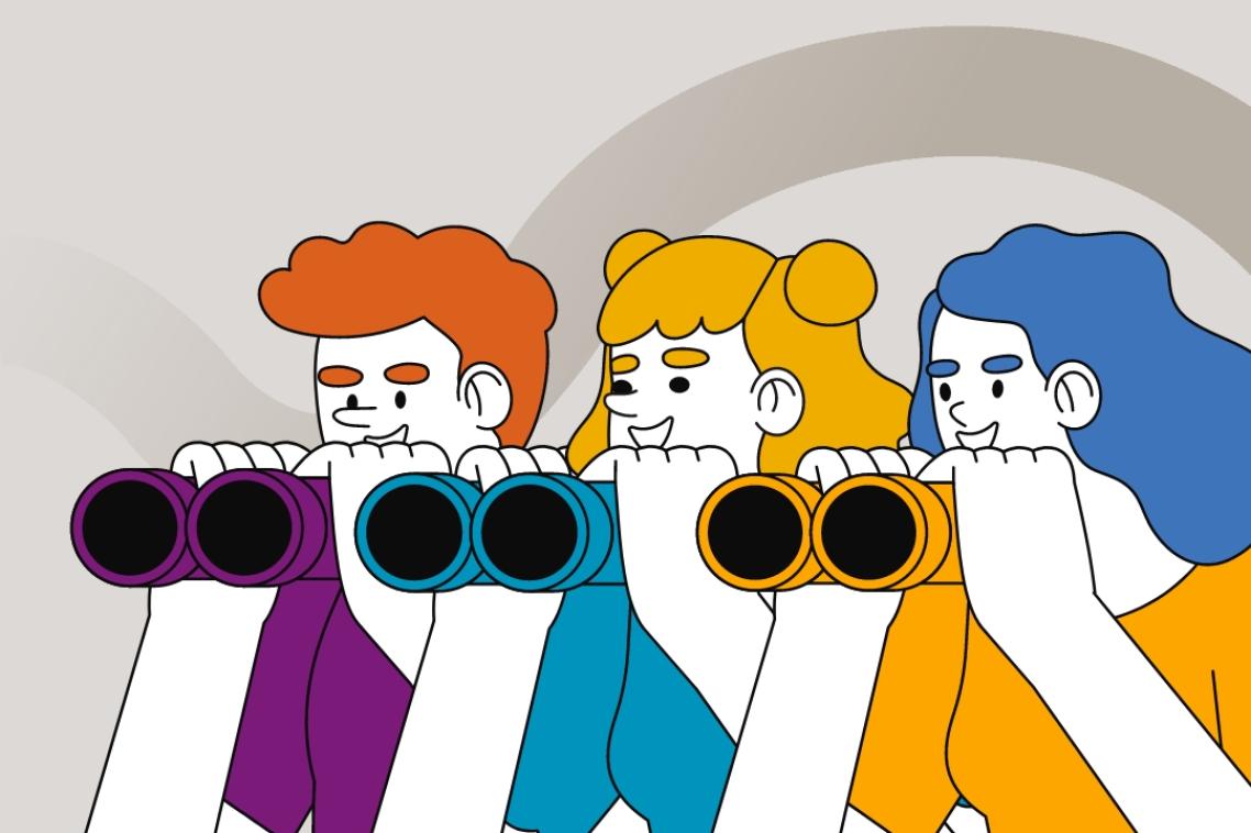 graphic of 3 students with binoculars