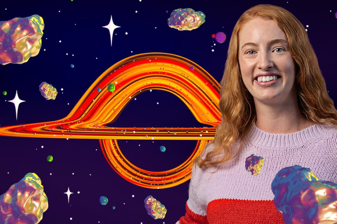 Science student Emerald smiles against an illustrated background depicting a starry sky, dotted with asteroids around a planet. 