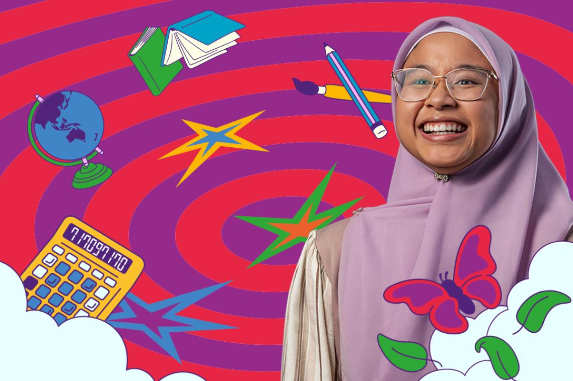 Education student Najma smiles against an illustrated background depicting a red and purple rings, books, pencils, a calculator and a butterfly. 