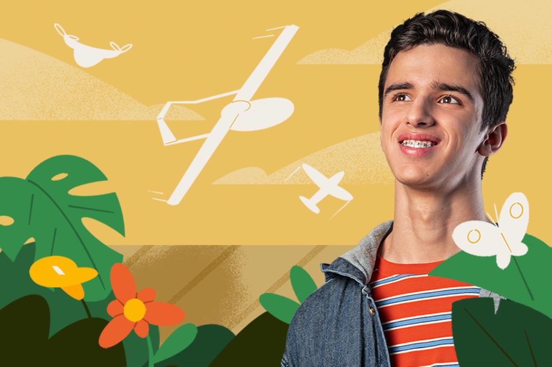 Engineering student Samuel smiles against an illustrated background depicting a plane flying above a jungle. 